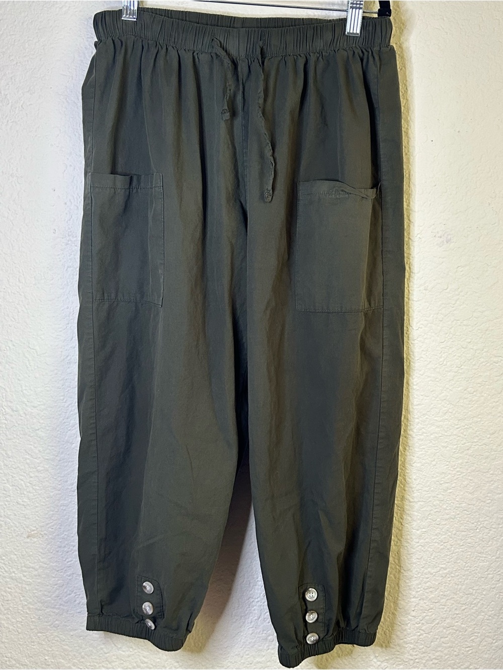Olive Green Casual Drawstring Cargo Pants Button 100% Cotton Pants L Festival